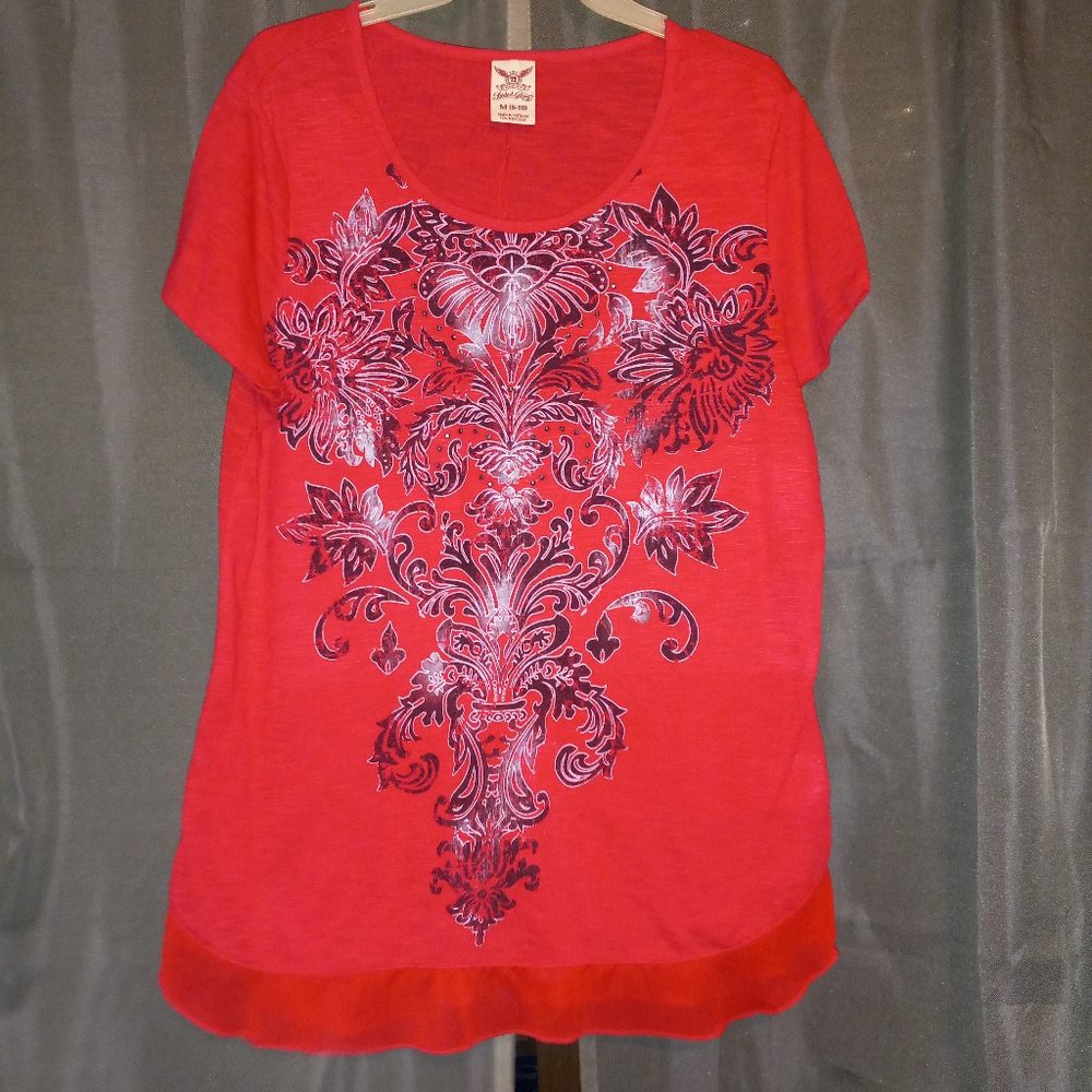 Red T Shirt with Black Paisley Design